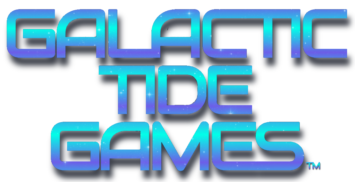 Galactic Tide Games™ logo in bold stacked sci-fi lettering with a radiant blue-to-purple gradient and subtle starfield texture